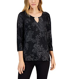 Women's Jacquard Printed 3/4-Sleeve Keyhole Top, Created for Macy's