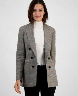 Bar III Women's Plaid-Print Faux-Double-Breasted Jacket, Created for ...