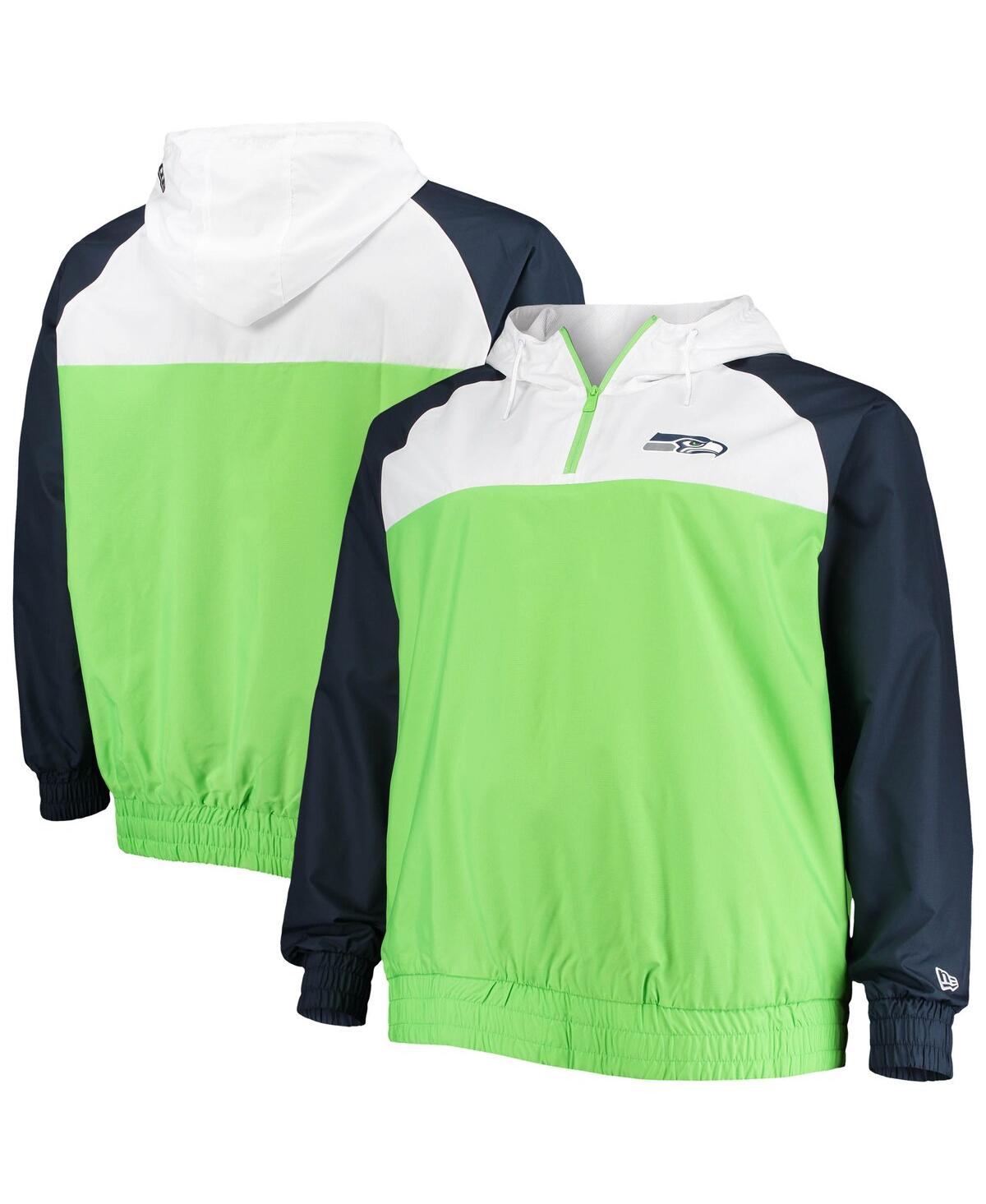 NEW ERA MEN'S NEW ERA NEON GREEN, COLLEGE NAVY SEATTLE SEAHAWKS BIG AND TALL LEAGUE RAGLAN QUARTER-ZIP HOODI 
