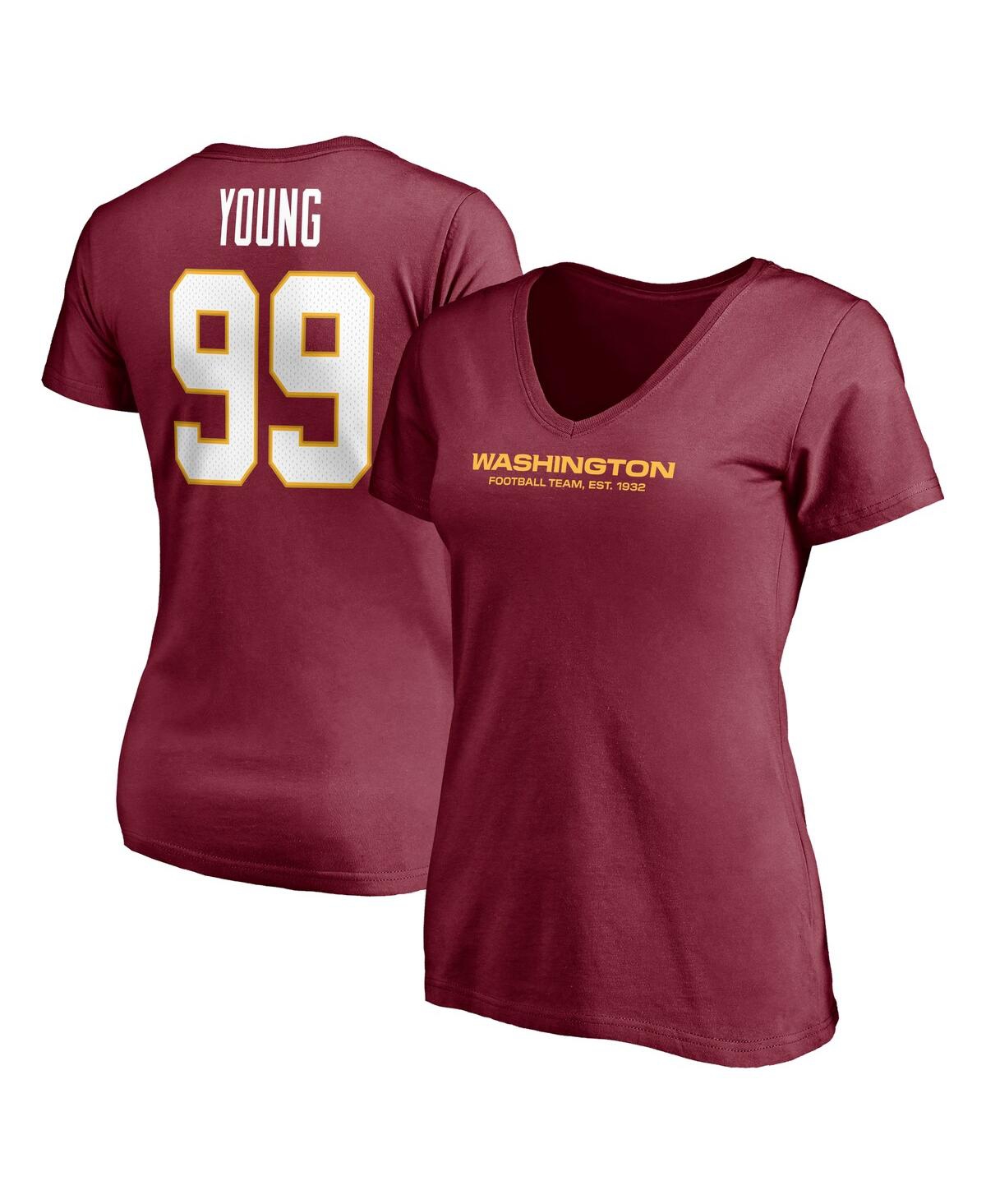 Shop Fanatics Women's  Chase Young Burgundy Washington Football Team Player Icon Name And Number V-neck T-