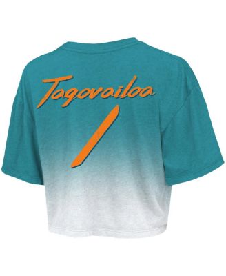 Women's Threads Tua Tagovailoa Aqua, White Miami Dolphins Drip-Dye Player Name and Number Tri-Blend Crop T-shirt
