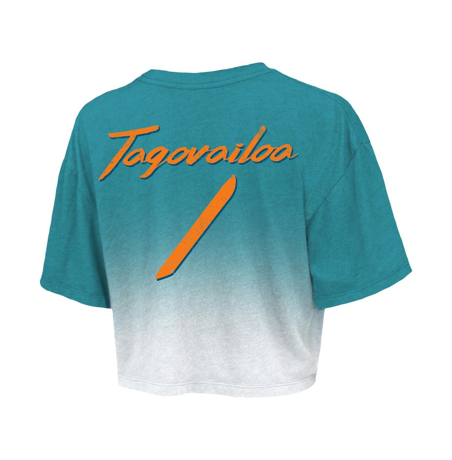 Женская футболка Majestic Threads Tua Tagovailoa Aqua, White Miami Dolphins Drip-Dye Player Name and Number Tri-Blend Crop — фото 4