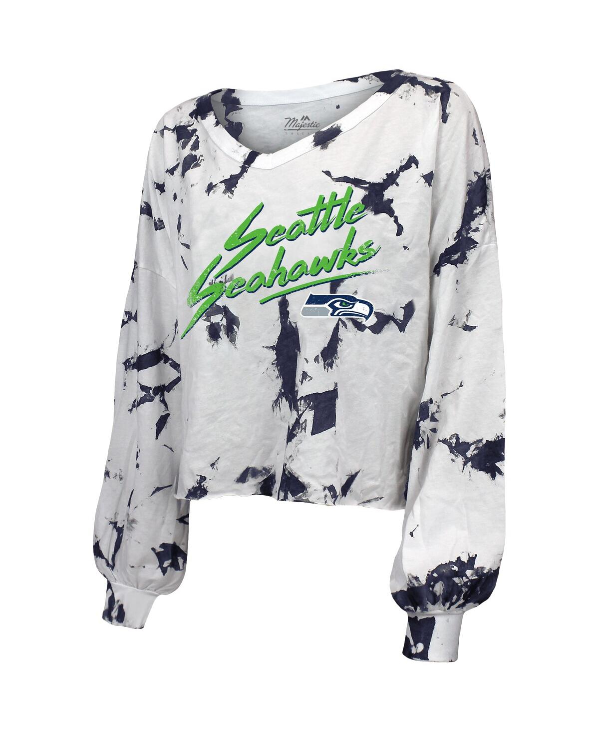 Majestic Threads Dk Metcalf White Seattle Seahawks Off-shoulder Tie-dye Name & Number Long Sleeve V- In White