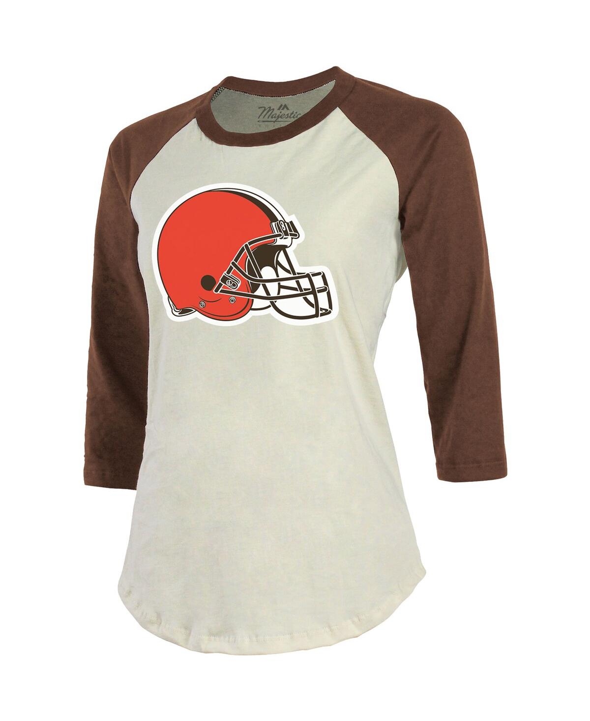 Shop Majestic Women's  Threads Nick Chubb Cream, Brown Cleveland Browns Player Name And Number Raglan 3/4- In Cream,brown