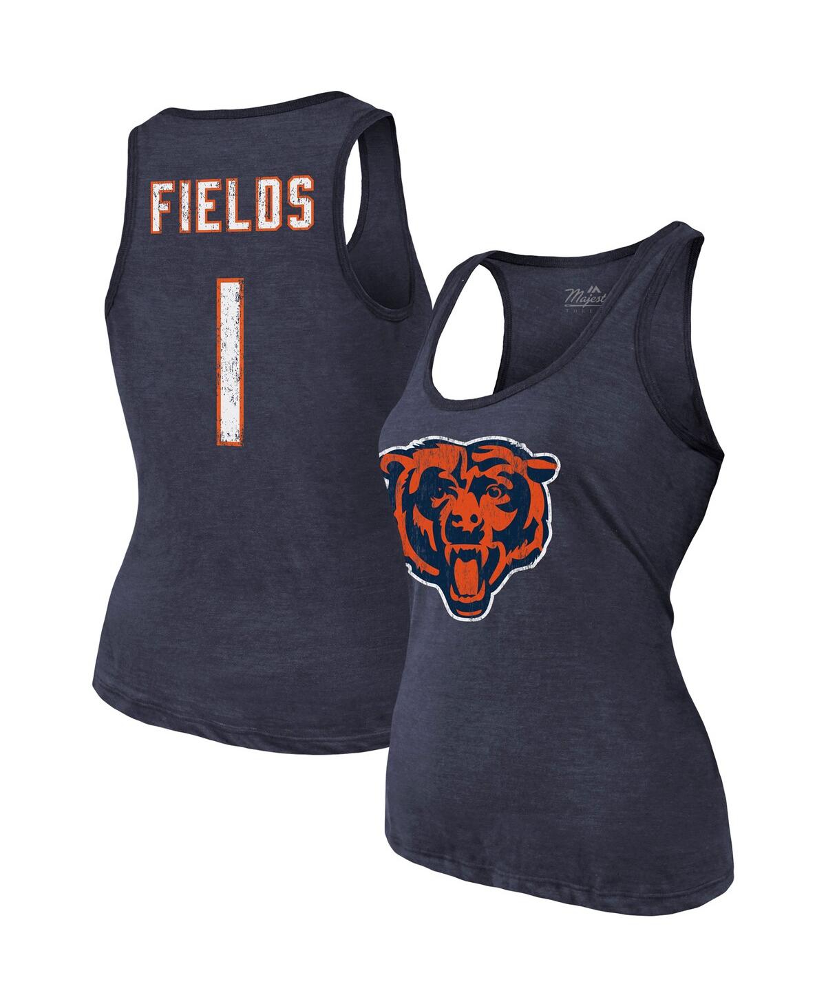 Women's Majestic Threads Justin Fields Navy Chicago Bears Player Name and Number Tri-Blend Tank Top - Navy