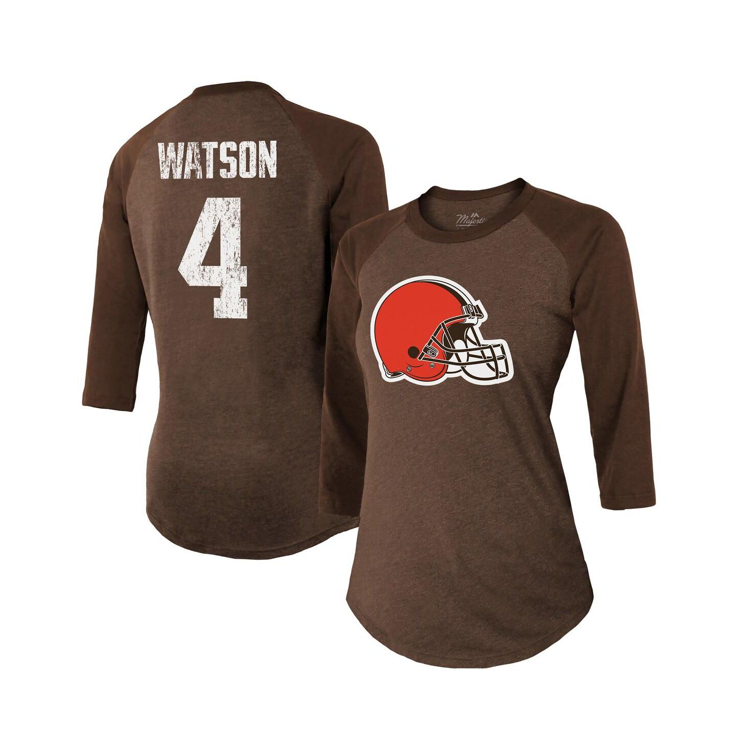 Женская футболка Majestic Threads Deshaun Watson Brown Cleveland Browns Name & Number Raglan 3/4 Sleeve — фото 1