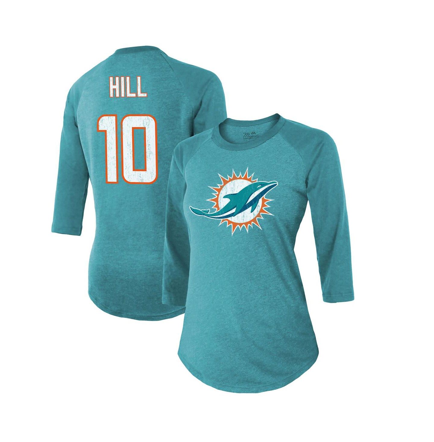 Женская футболка Majestic Threads Tyreek Hill Aqua Miami Dolphins Name & Number Raglan 3/4 Sleeve — фото 2