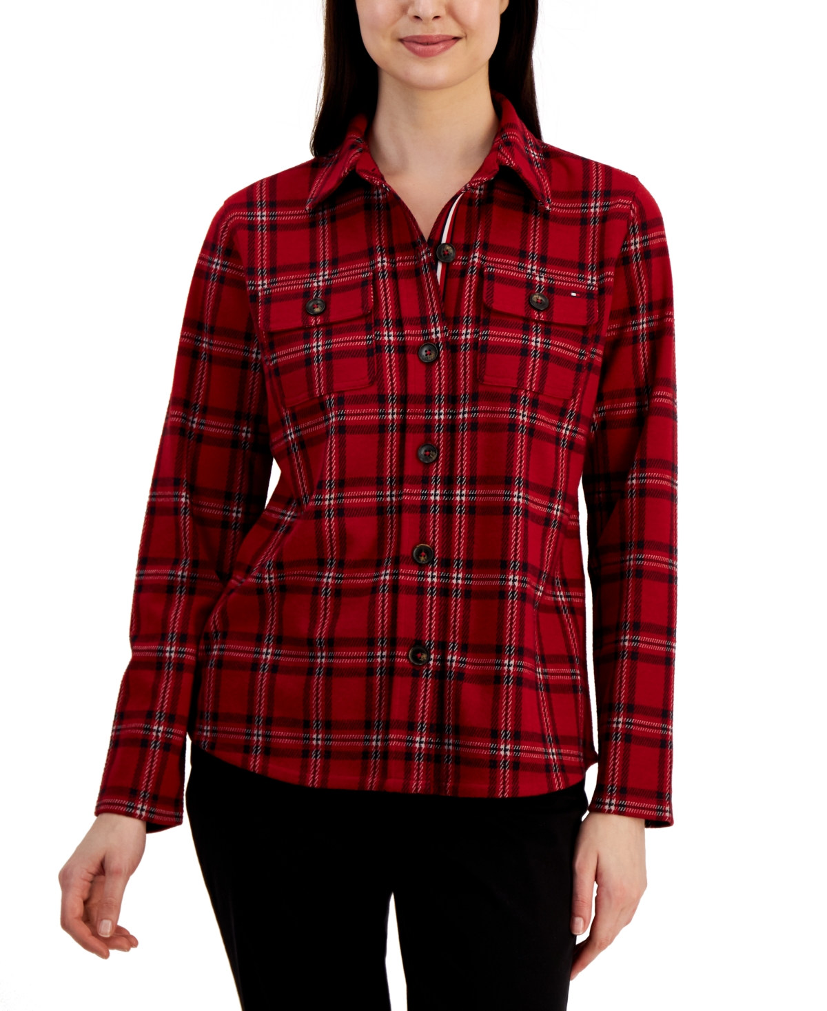Tommy Hilfiger Women's Collared Plaid Shirt Jacket - Hillside Plaid- Chili Pepper Multi