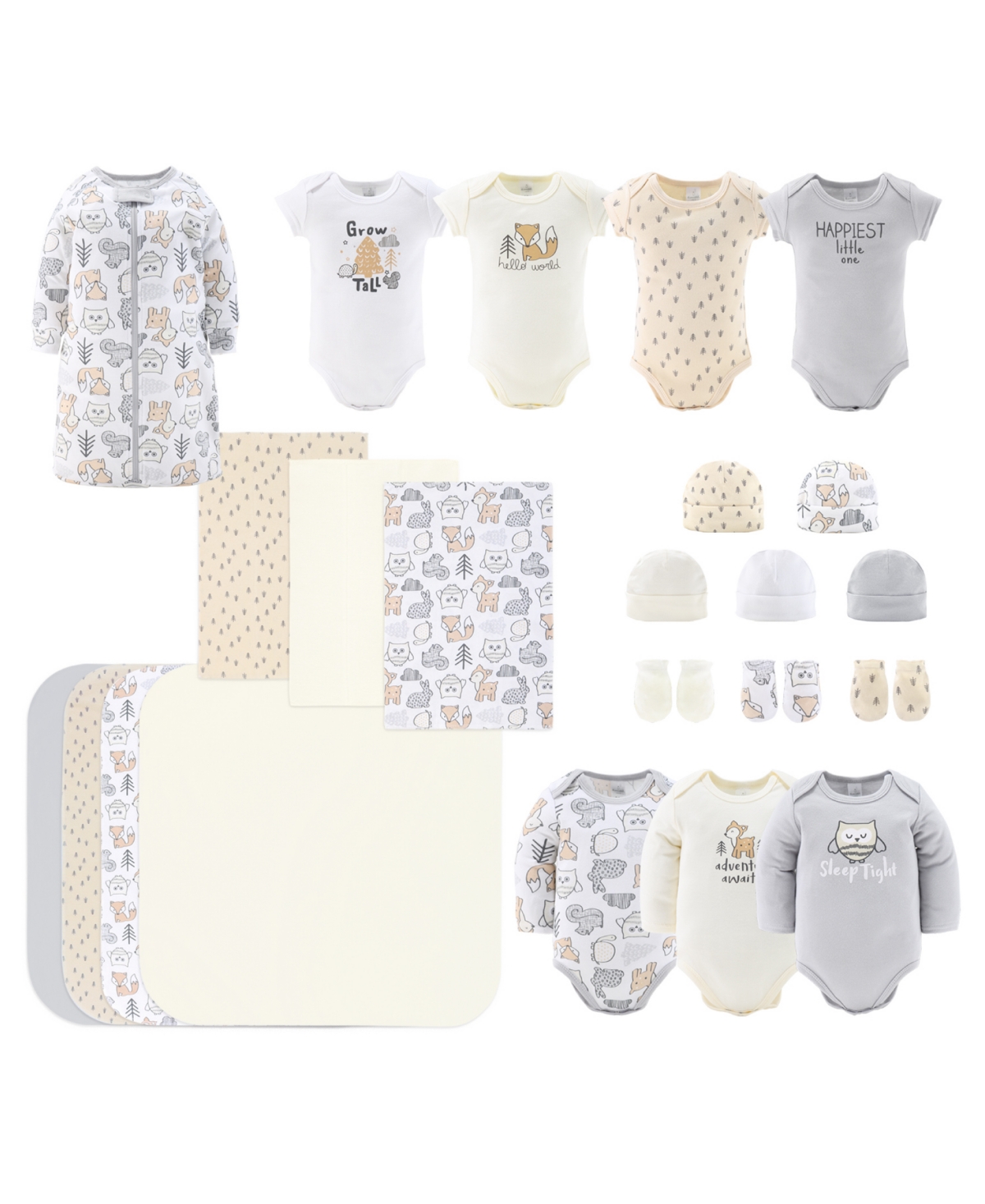 The Peanutshell Baby Boys Or Baby Girls Sleepy Forest Layette Gift Set, 23 Piece Set In Gray,beige