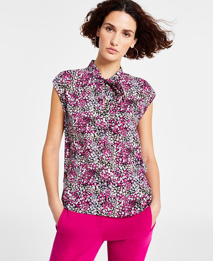 Bar III Women's Ditsy Floral Print Tie-Neck Top, Created for