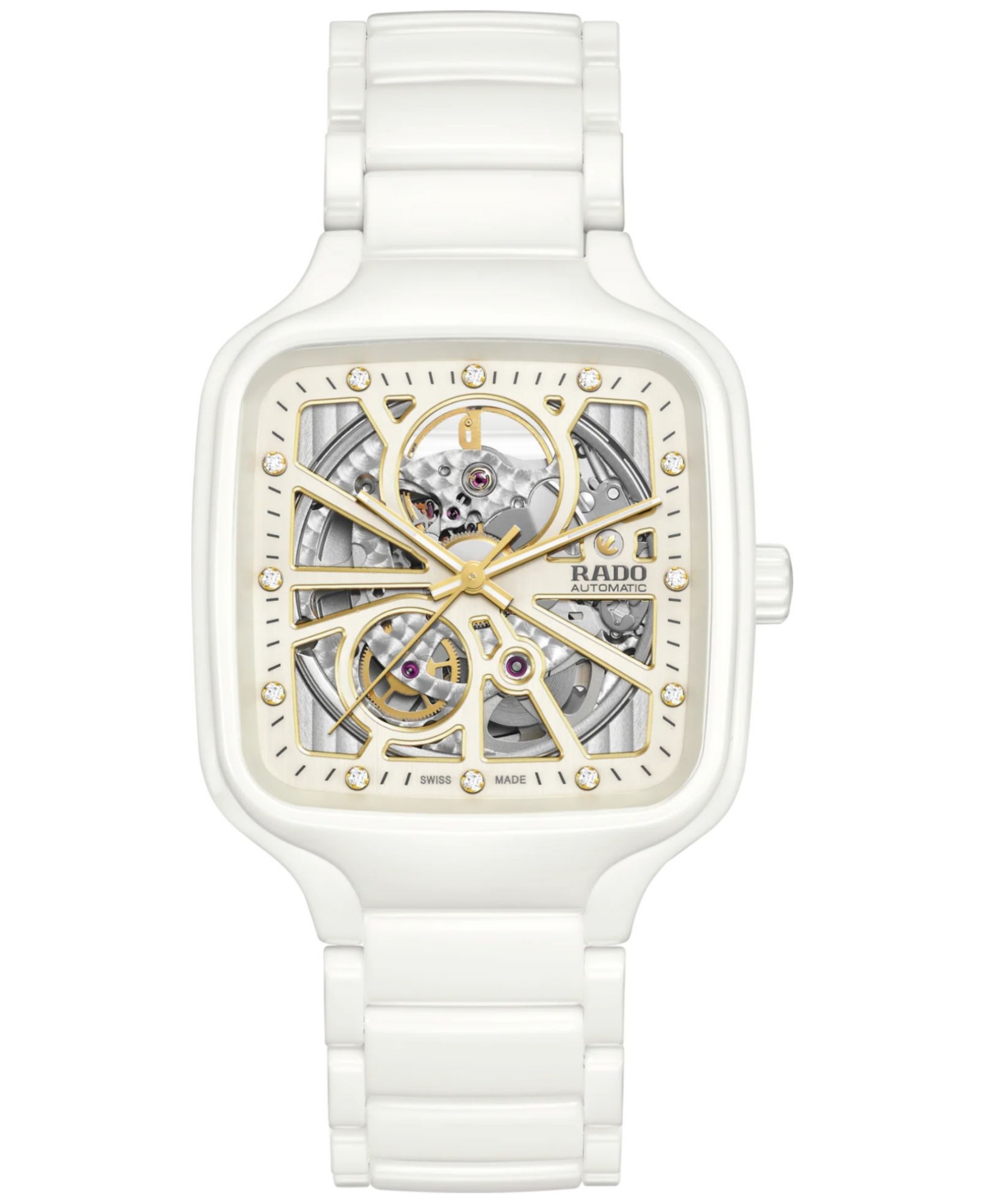 Rado Women's Swiss Automatic True Square Diamond (1/10 Ct. T.w.) White Ceramic Bracelet Watch 38mm In No Color