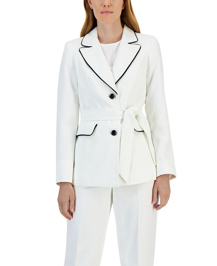 Le Suit Women's Contrast-Trim Belted Jacket & Pants - Macy's