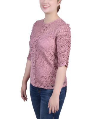 Petite Rouched Sleeve Lace Top