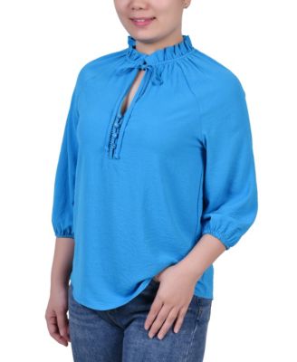 Petite 3/4 Sleeve Ruffle Neck Blouse