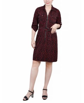 Moonlight Diamonds Belted Roll Tab Zip Front Shirtdress - Petite