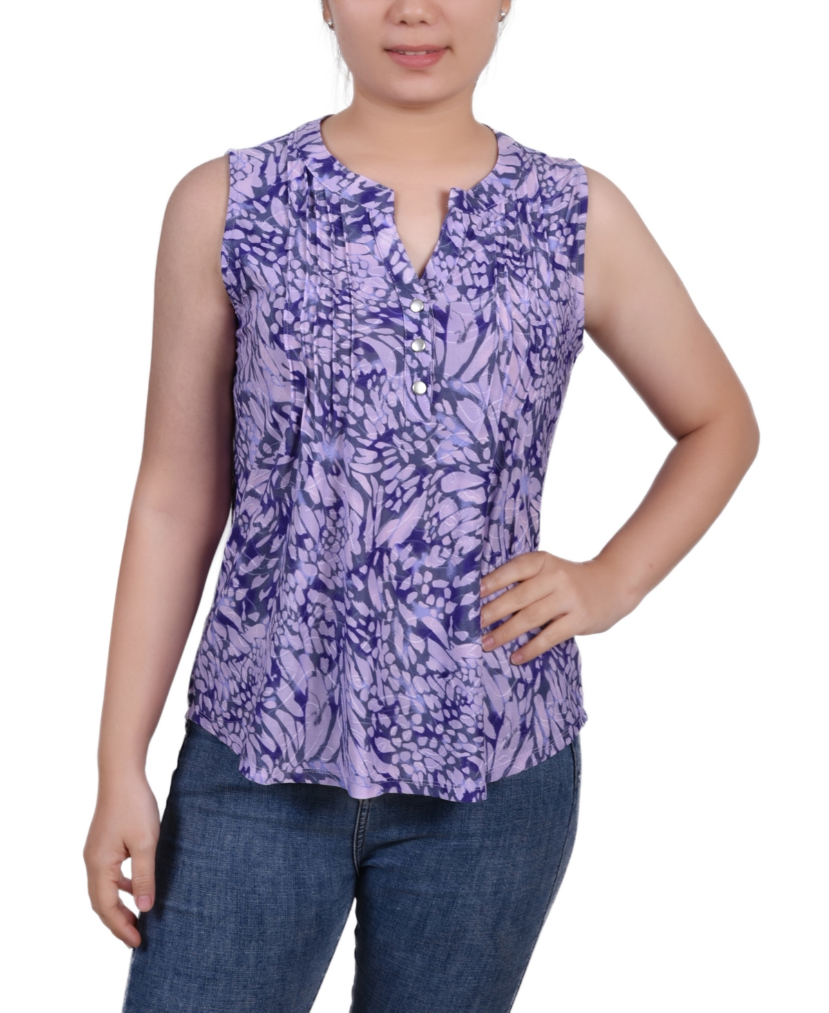 Ny Collection Petite Sleeveless Jacquard Y-neck Top In Plum Jackrain