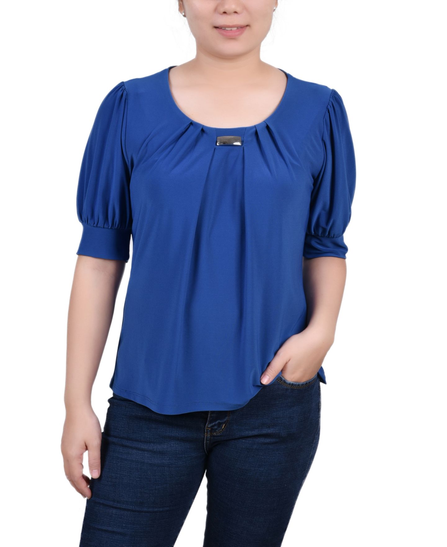 Женский топ NY Collection Petite Short Sleeve Balloon Sleeve, цвет: Синий, вариант 1 — фото 1