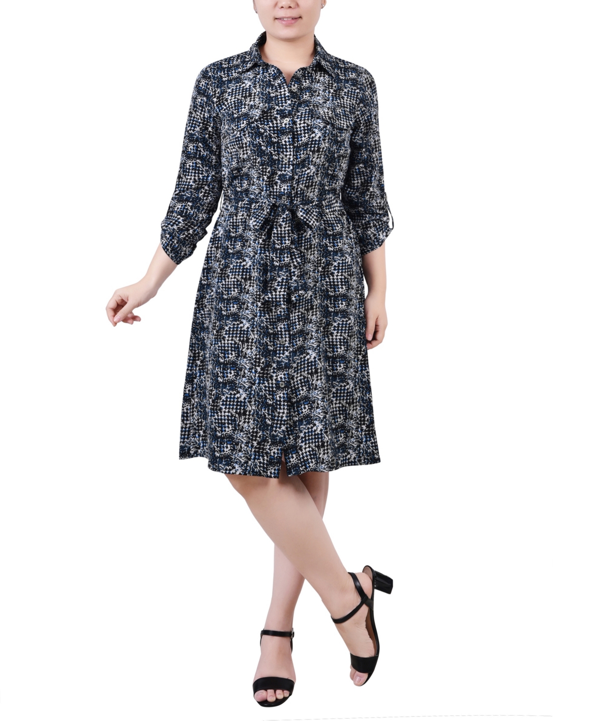 Ny Collection Petite Printed Long Sleeve Roll Tab Shirtdress In Snake,navy