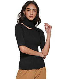 Women's Turtleneck Cutout Ribbed Elbow-Sleeve Sweater