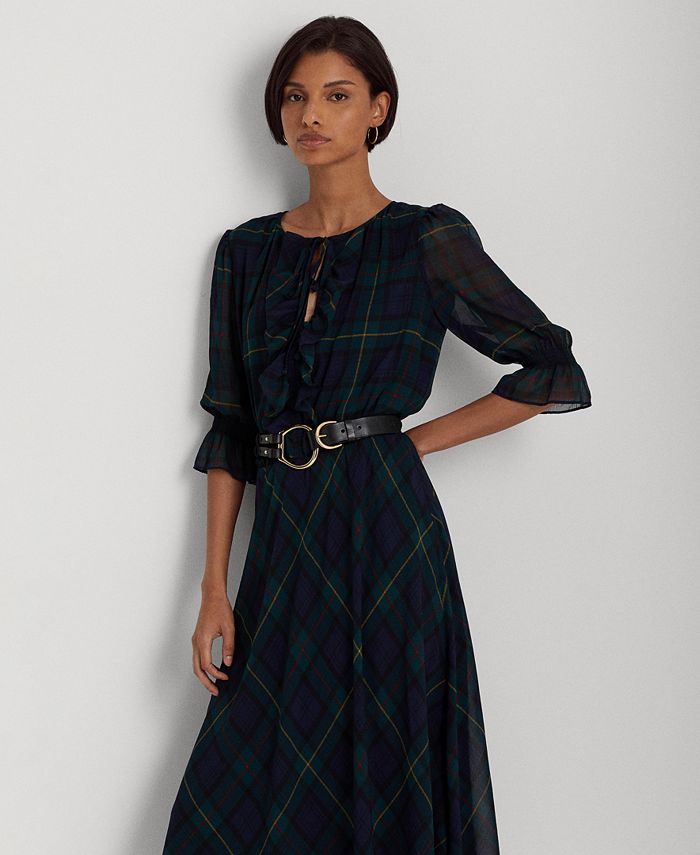 Buy Ralph Lauren Lauren Women's Tartan Plaid Georgette Maxi Dress