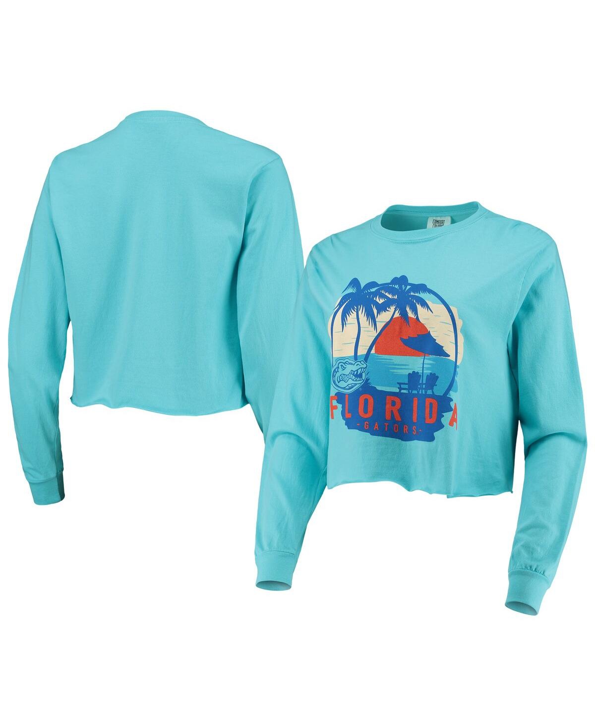 IMAGE ONE WOMEN'S TEAL FLORIDA GATORS PALM TREES SUNSET LONG SLEEVE CROP TOP