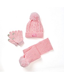 Big Girls Imitation Pearl Cable Knit Hat, Gloves and Scarf, 3 Piece Set