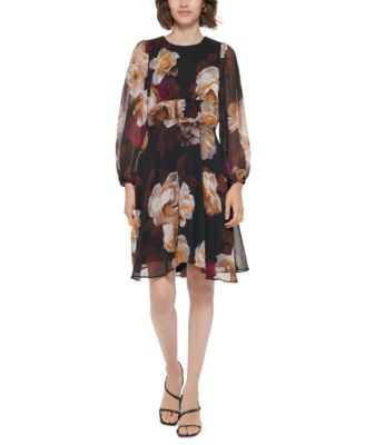 Calvin Klein - Petite Floral-Print Balloon-Sleeve Shift Dress