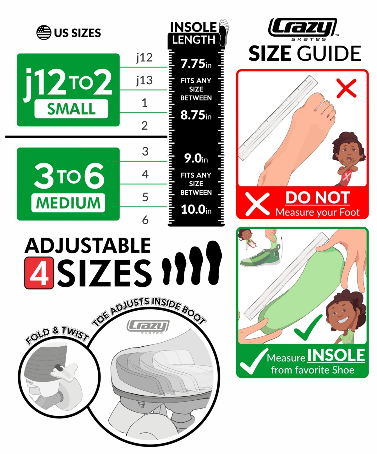 Crazy Skates Retro Adjustable Roller Skates - Adjusts To Fit 4 Sizes