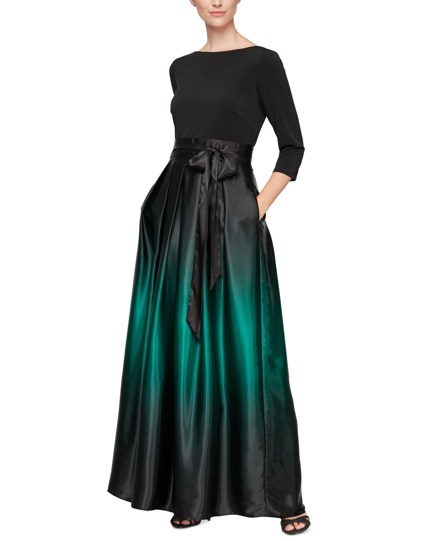 Женские платья SL Fashions Petite Ombré Satin Gown, цвет: Чёрный зелёный — фото 1