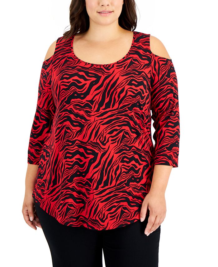 JM Collection Plus Size Printed Cold-Shoulder Top, Created for