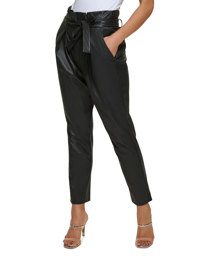 DKNY Faux Leather High Rise Tie Waist Ankle Pants - Macy's