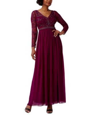 Beaded-Bodice Long-Sleeve Gown 