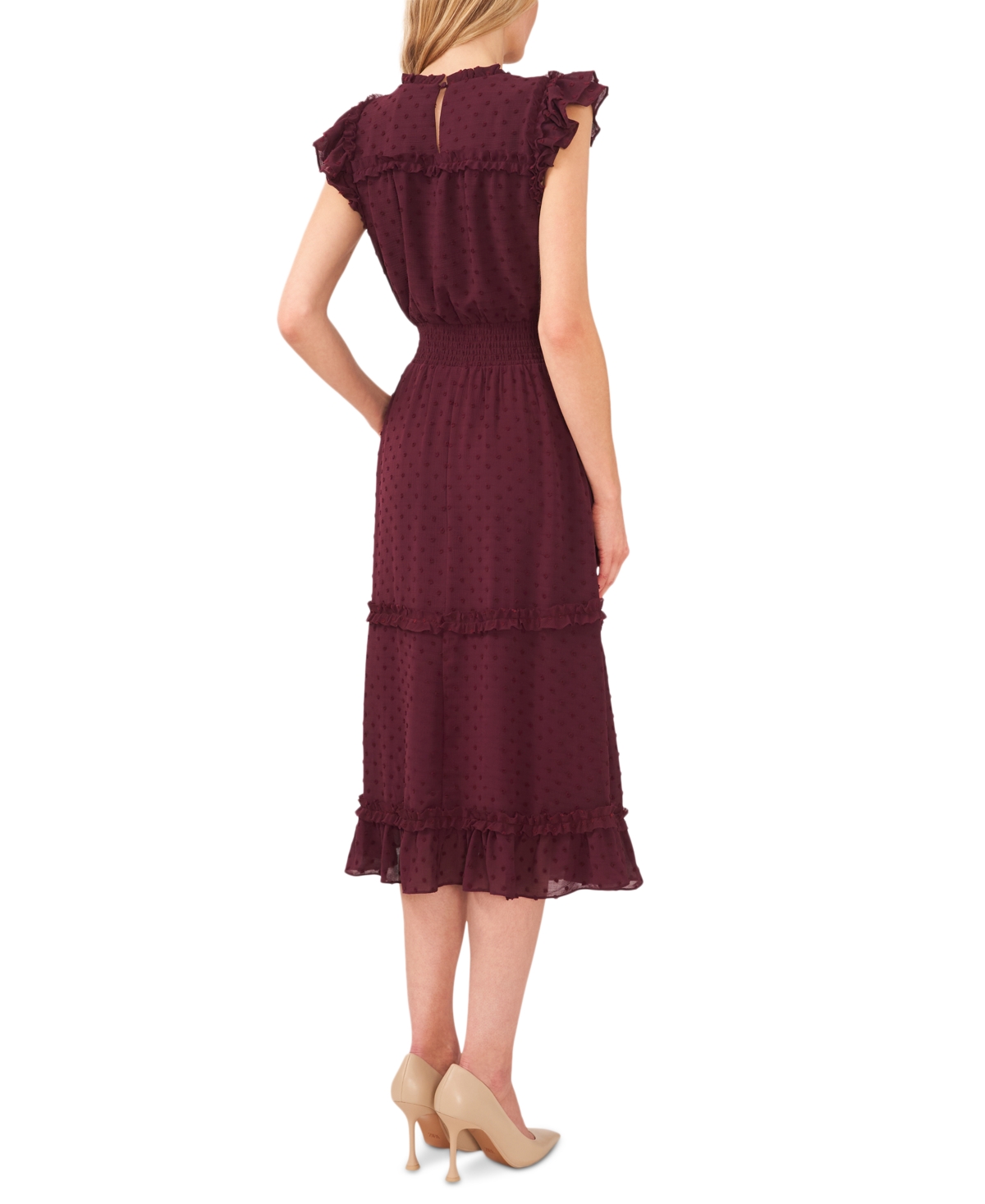 CeCe Women's Ruffled Flutter Sleeve Swiss Dot Midi Dress