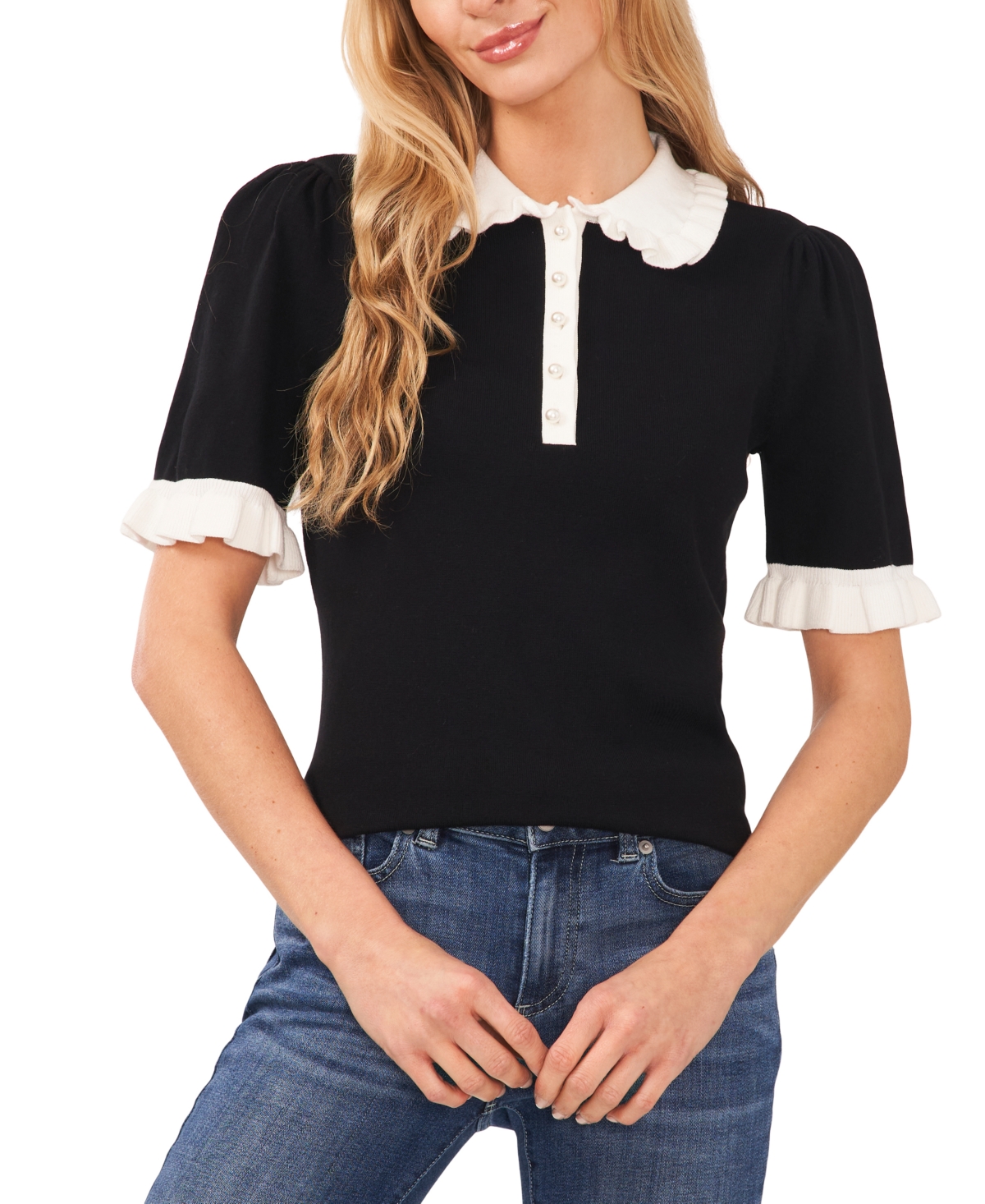 Women's Cotton Ruffle-Collar Short-Sleeve Top - Rich Black