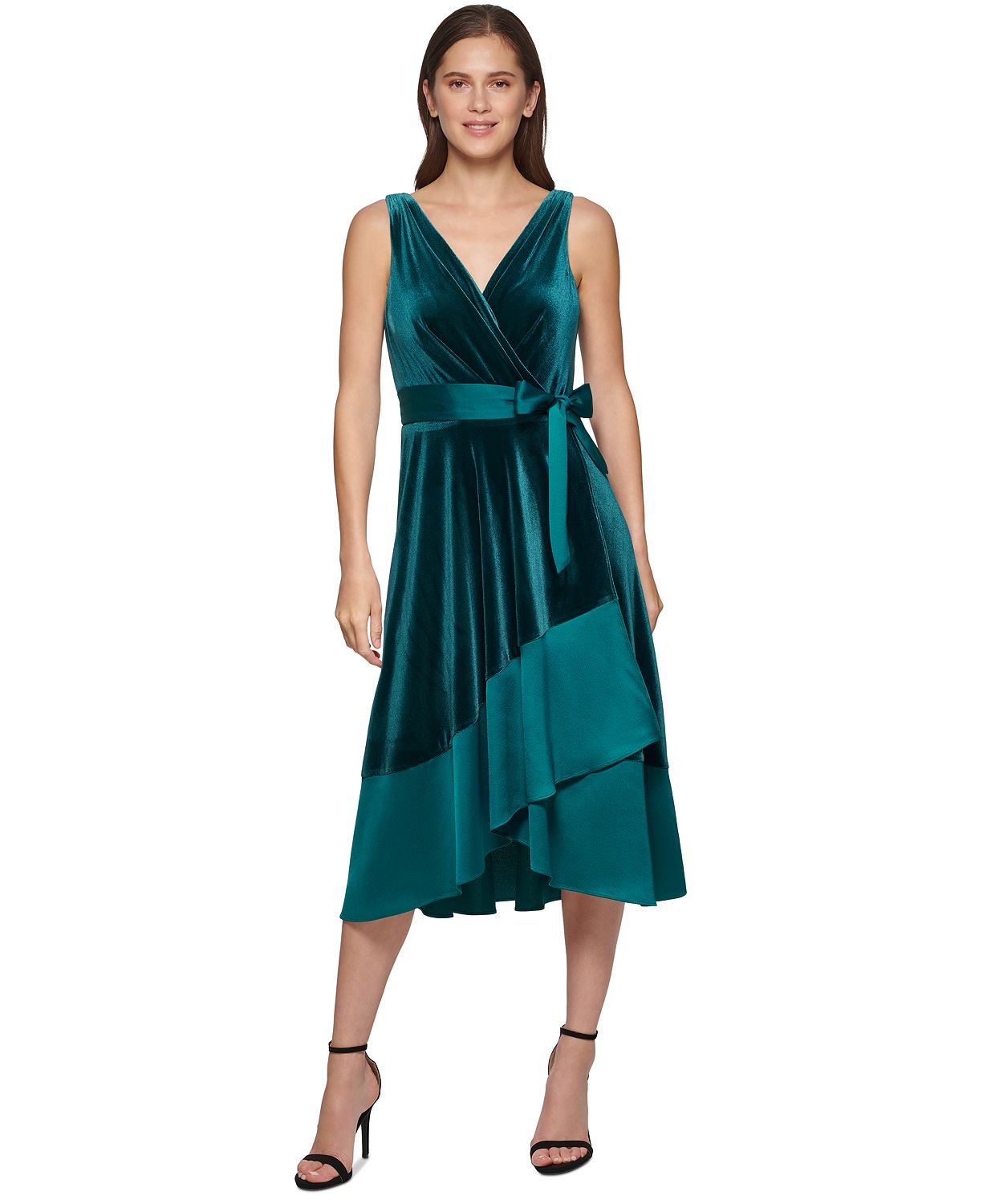 Mixed-Media Surplice V-Neck Belted Dress