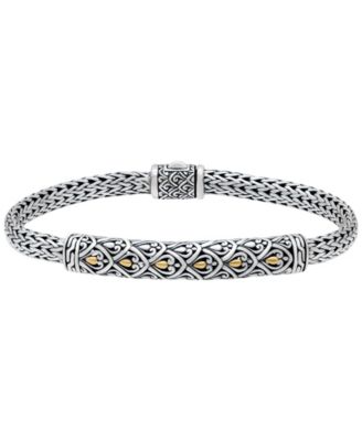 DEVATA - Dragon Skin Bali Filigree with Woven Dragon Bone Oval Chain Bracelet in sterling silver and 18K Gold