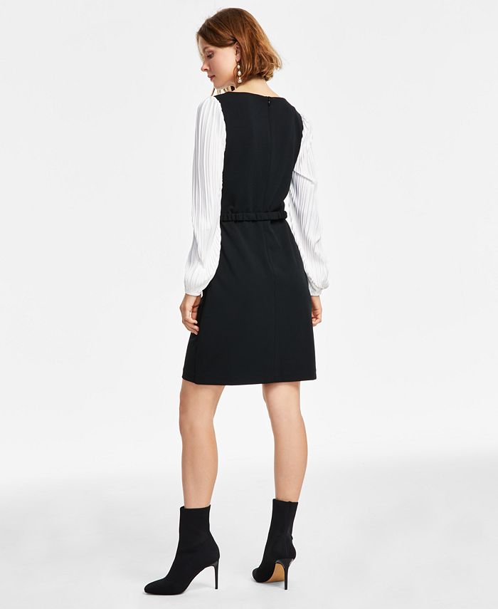 DKNY Pleated-Sleeve Round-Neck Belted Dress - Macy's