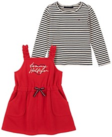 Little Girls 2 Piece Striped Logo Long Sleeve T-shirt and Fleece Jumper Set