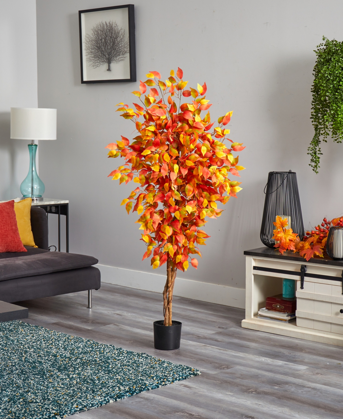 Shop Nearly Natural Autumn Ficus Artificial Fall Tree, 5' In Orange