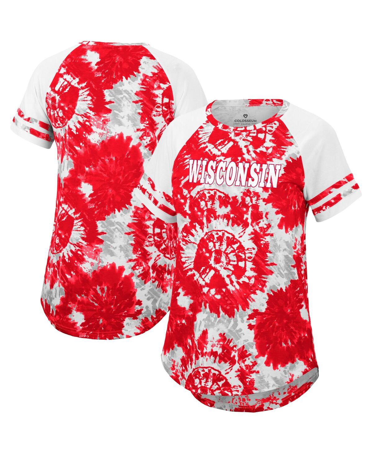 Colosseum Women's  Red, White Wisconsin Badgers Annie Oversized Tie-dye Raglan T-shirt In Red,white