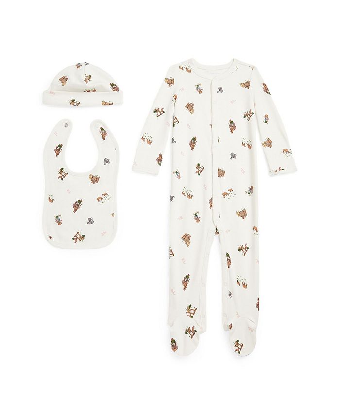 Polo Ralph Lauren Baby Girls Polo Bear Coverall, Bib and Beanie Hat, 3 Piece Gift Set Macy's