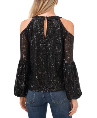 Women's Sequined Long Sleeve Cold-Shoulder Blouse