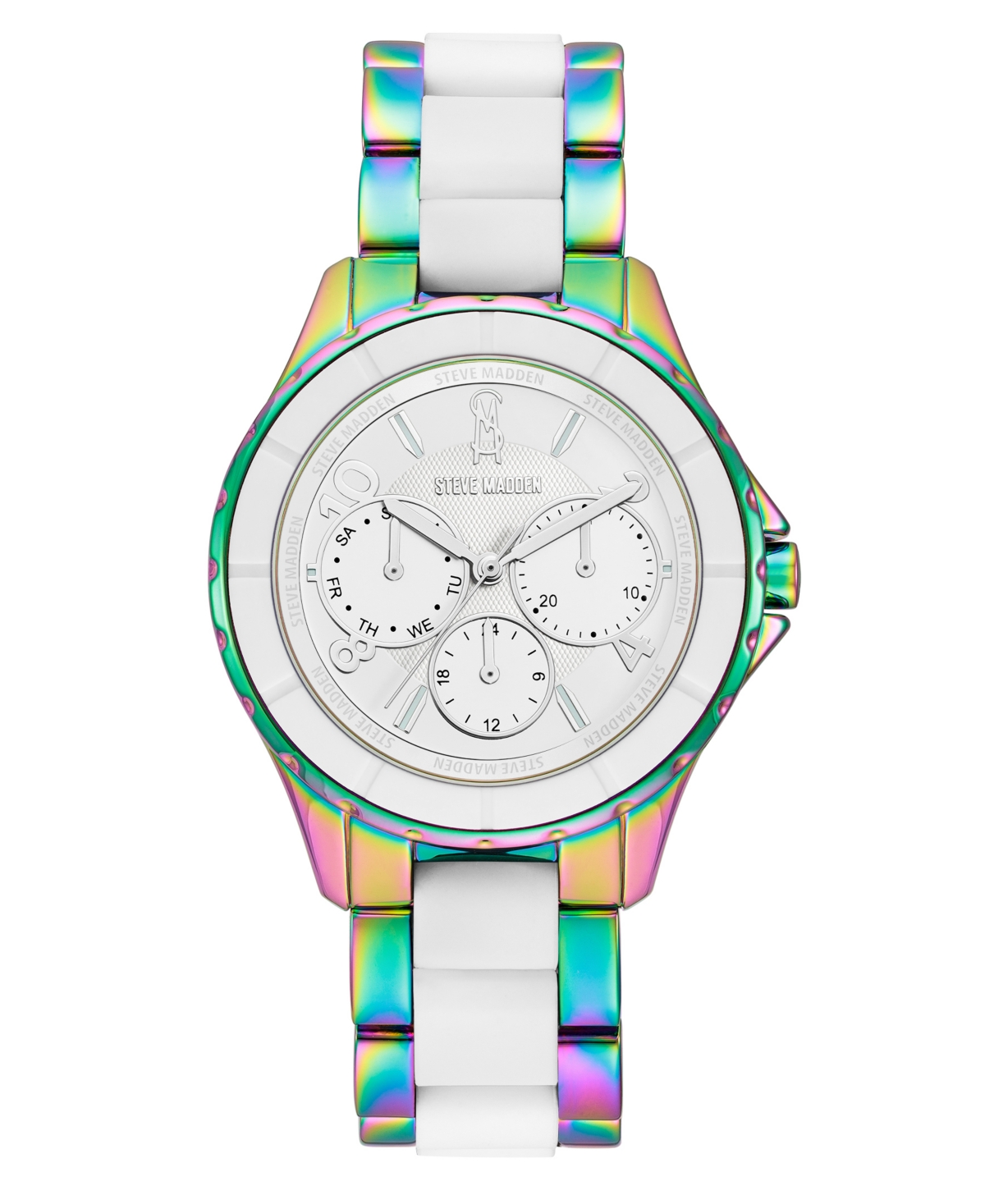 Women's Analog Rainbow Alloy and White Silicone Center Link Bracelet Watch, 40mm - Rainbow, White