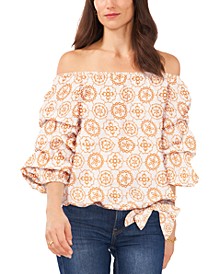 Women's Printed Off-The-Shoulder Bubble-Sleeve Top