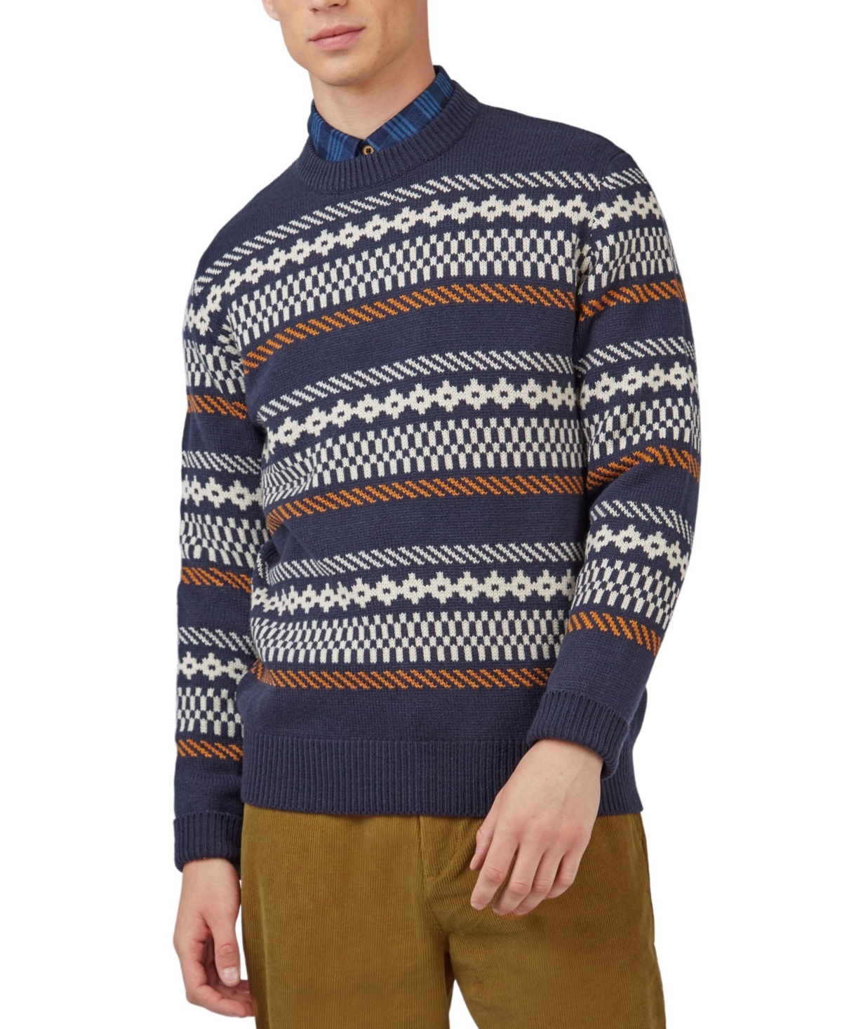 Men's Chunky Knitted Fair Isle Long-Sleeve Crewneck Sweater - Marine