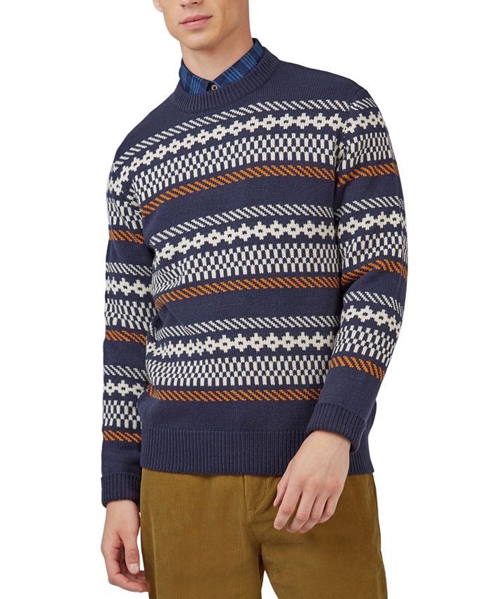 Ben Sherman Men's Chunky Knitted Fair Isle Long-Sleeve Crewneck Sweater ...