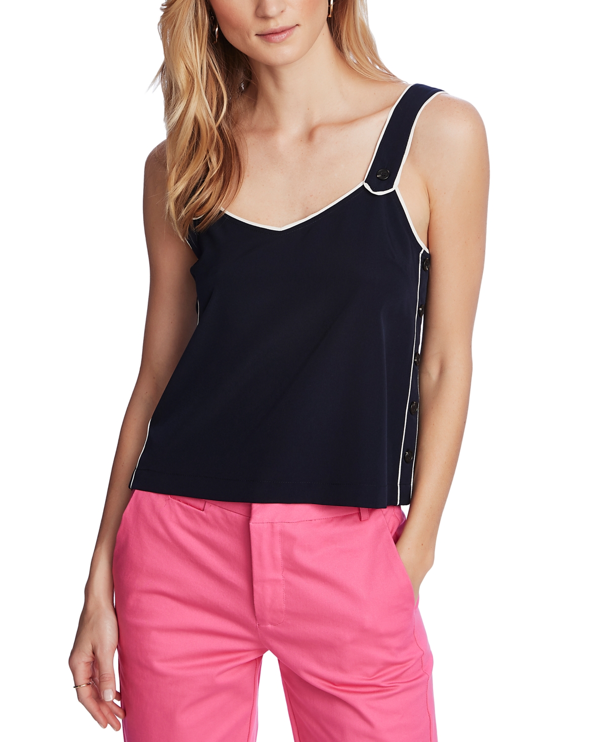 Women's Contrast-Piped V-neck Tank Top - Blue Night
