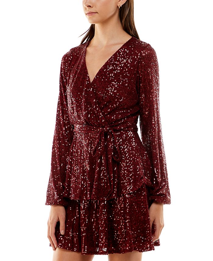 Camilladress Solid Lantern Sleeves Tie Waist Sequine Mini Dress main image 1