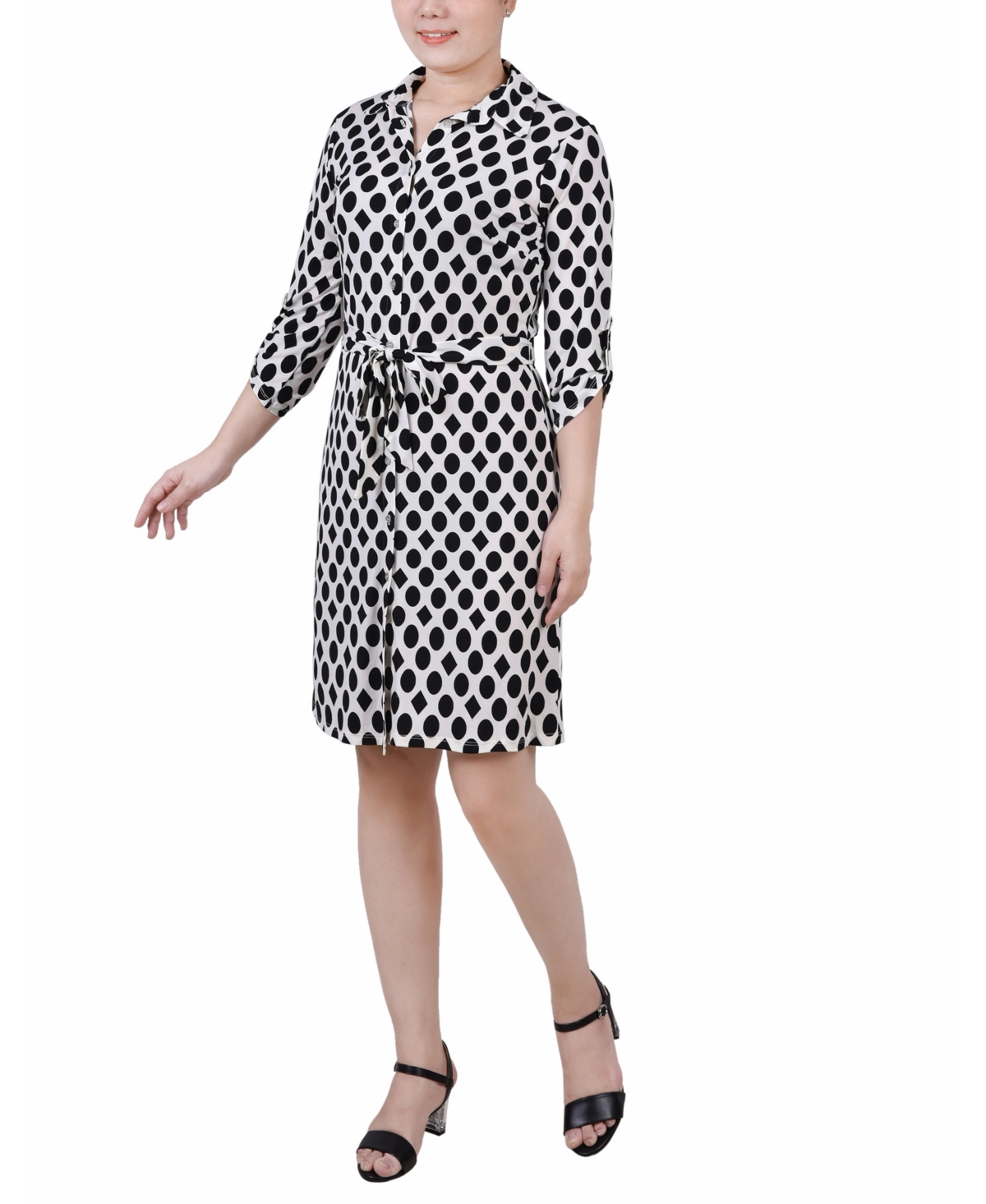 Ny Collection Women's 3/4 Sleeve Tie-waist Shirtdress In Circles And Diamonds