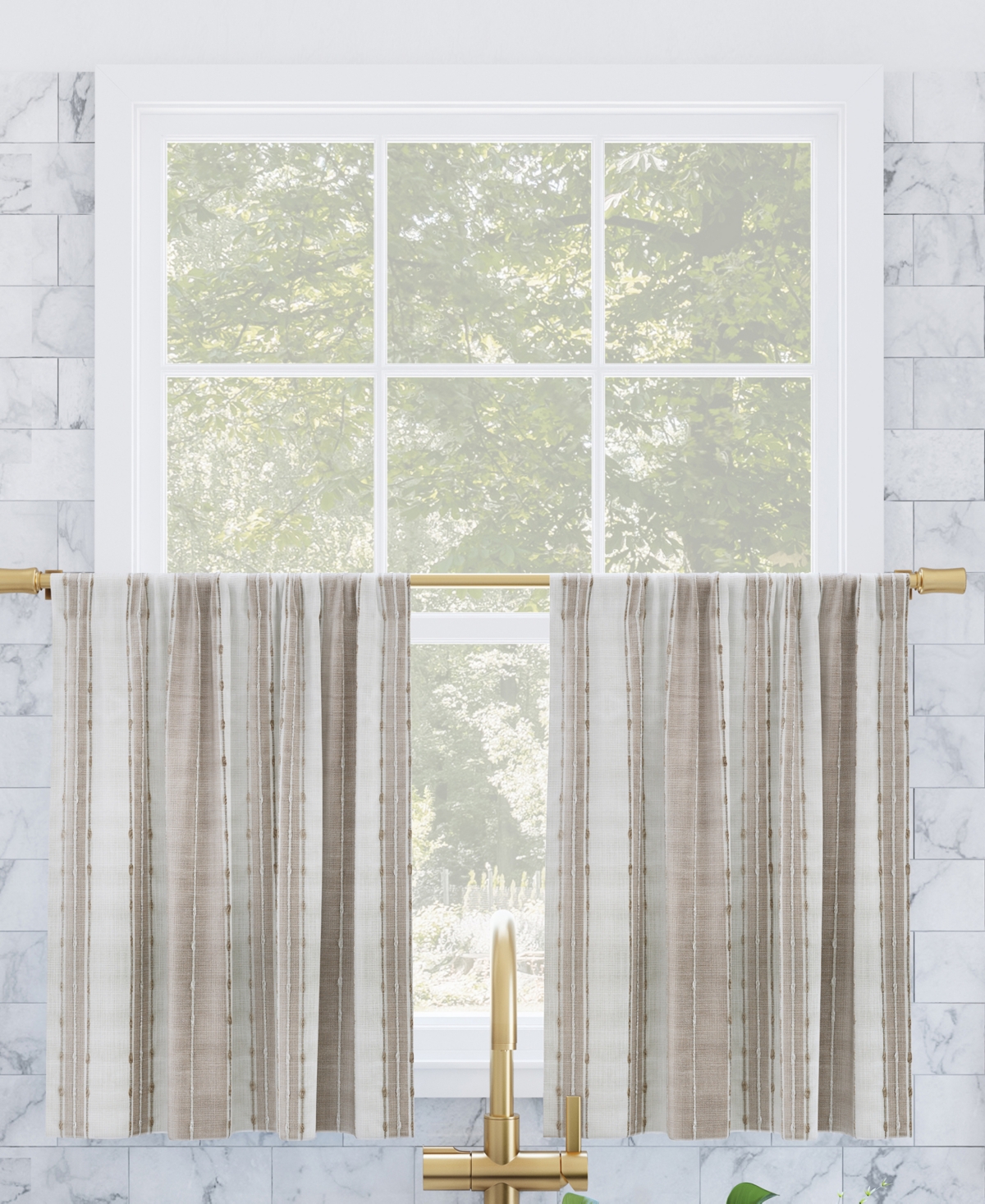 Slub Texture Stripe Cotton Cafe Curtain Pair - Linen, White